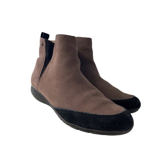 Sudini Ankle Boot Size 9 Suede Leather Round Toe Tan Black Colorblock Comfort - Picture 1 of 9